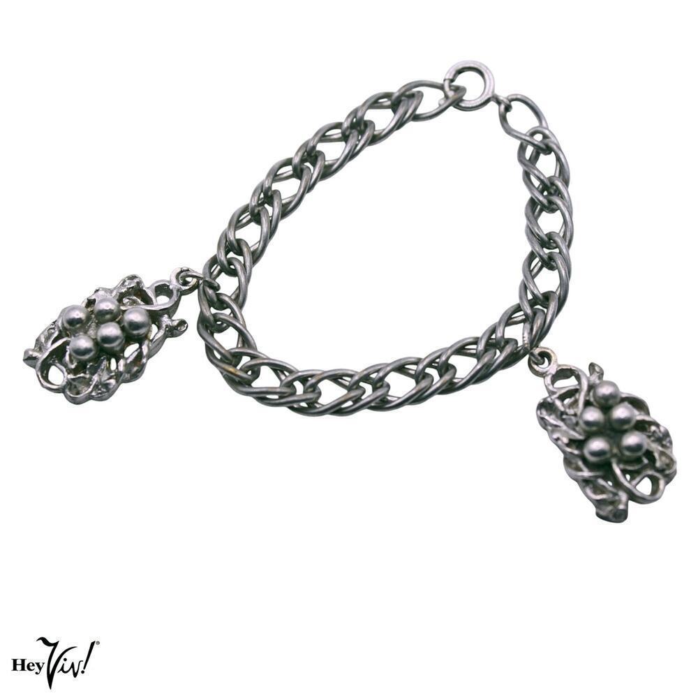 Vintage Double Link Chain Bracelet w 2 Grape Cluster Charms 6.5" Long - Hey Viv